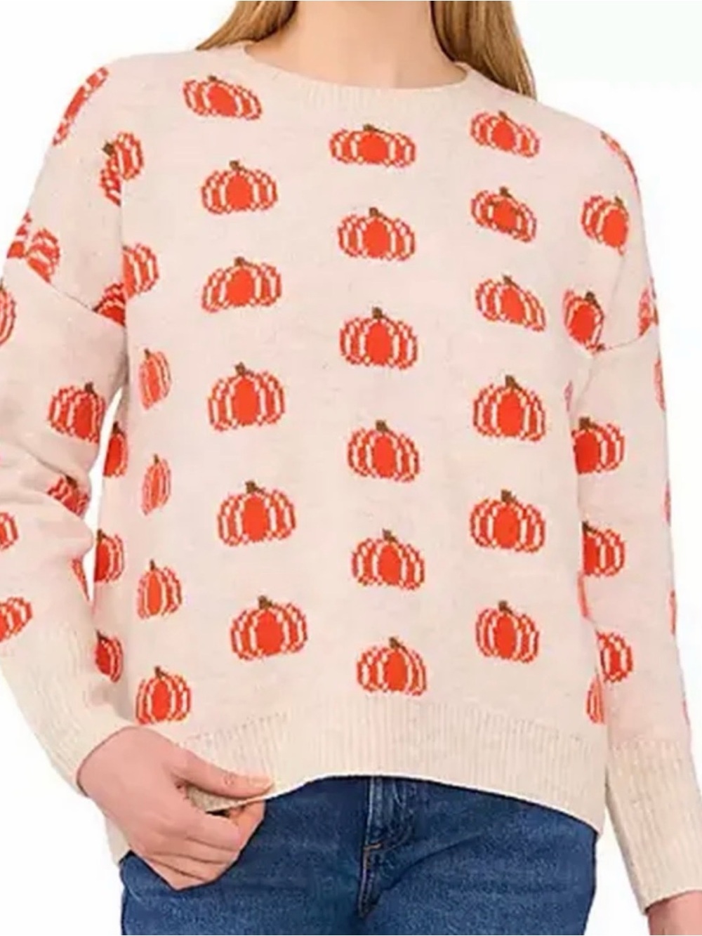 New Vince Camuto Halloween Pumpkin Print Women’s Sweater Cream w/Orange Pumpkins